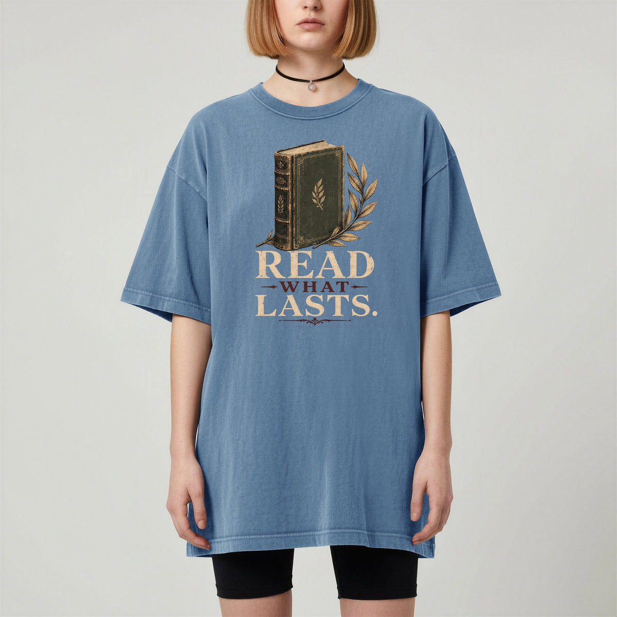 Shelf Love Studio Read What Lasts t-shirt in Blue Jean, worn