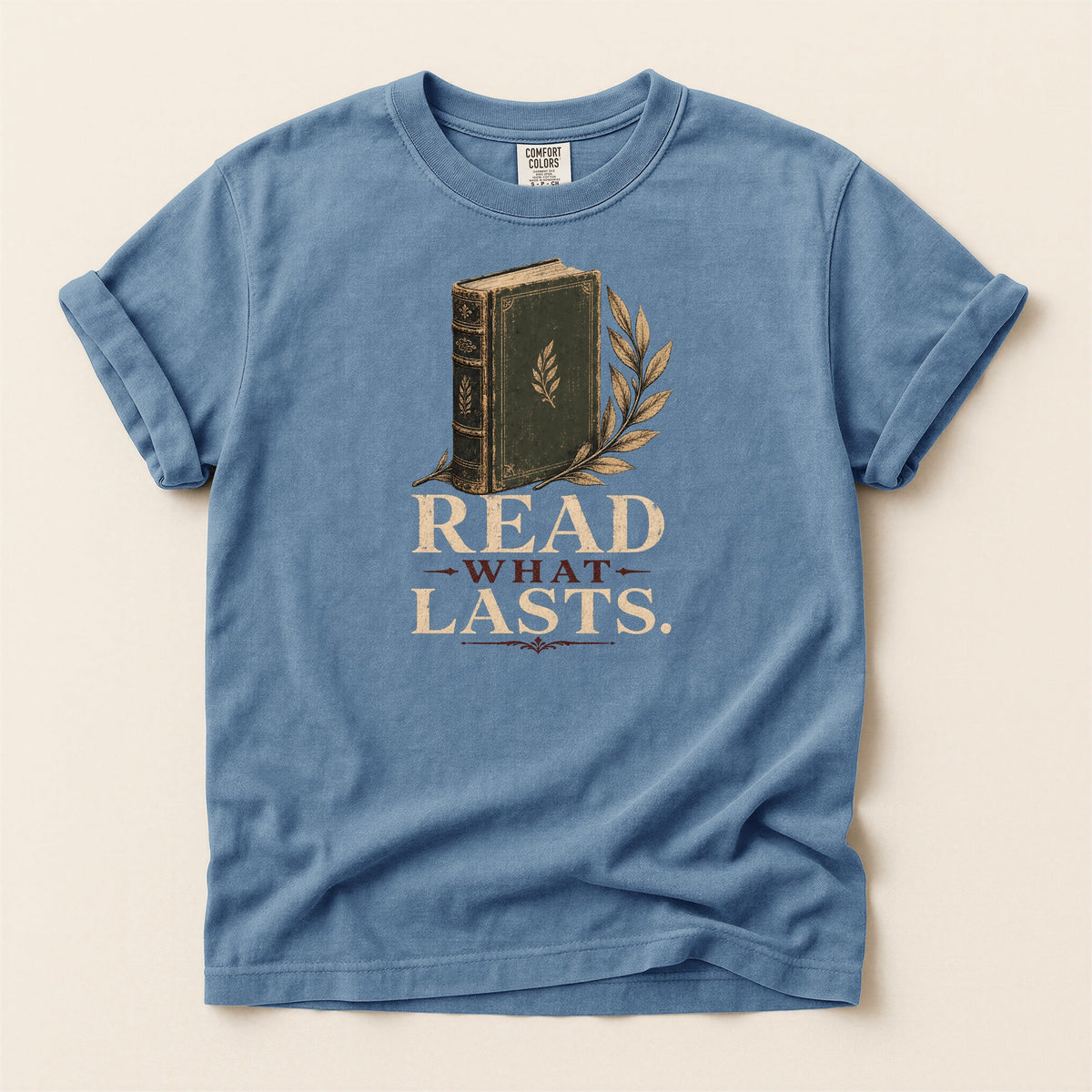 Shelf Love Studio Read What Lasts t-shirt in Blue Jean, flat