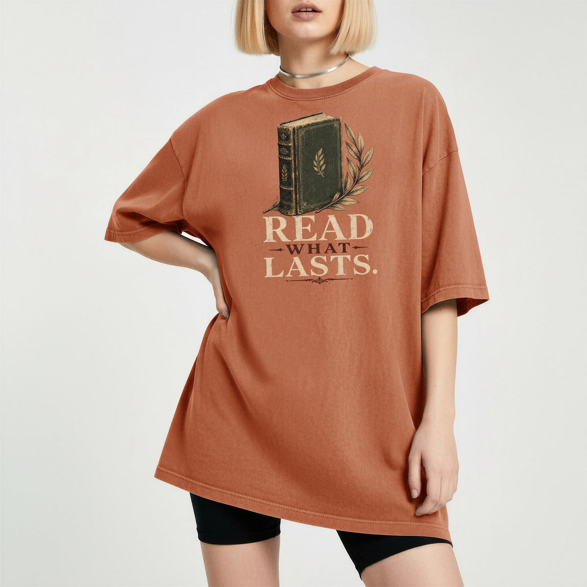 Shelf Love Studio Read What Lasts t-shirt in Yam, worn