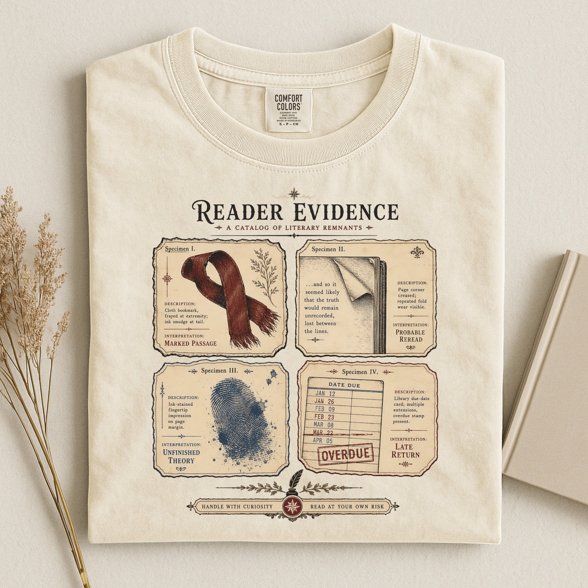 Reader Evidence bookish tee in Ivory, flat lay