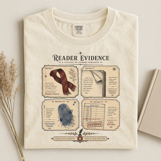Reader Evidence bookish tee in Ivory, flat lay