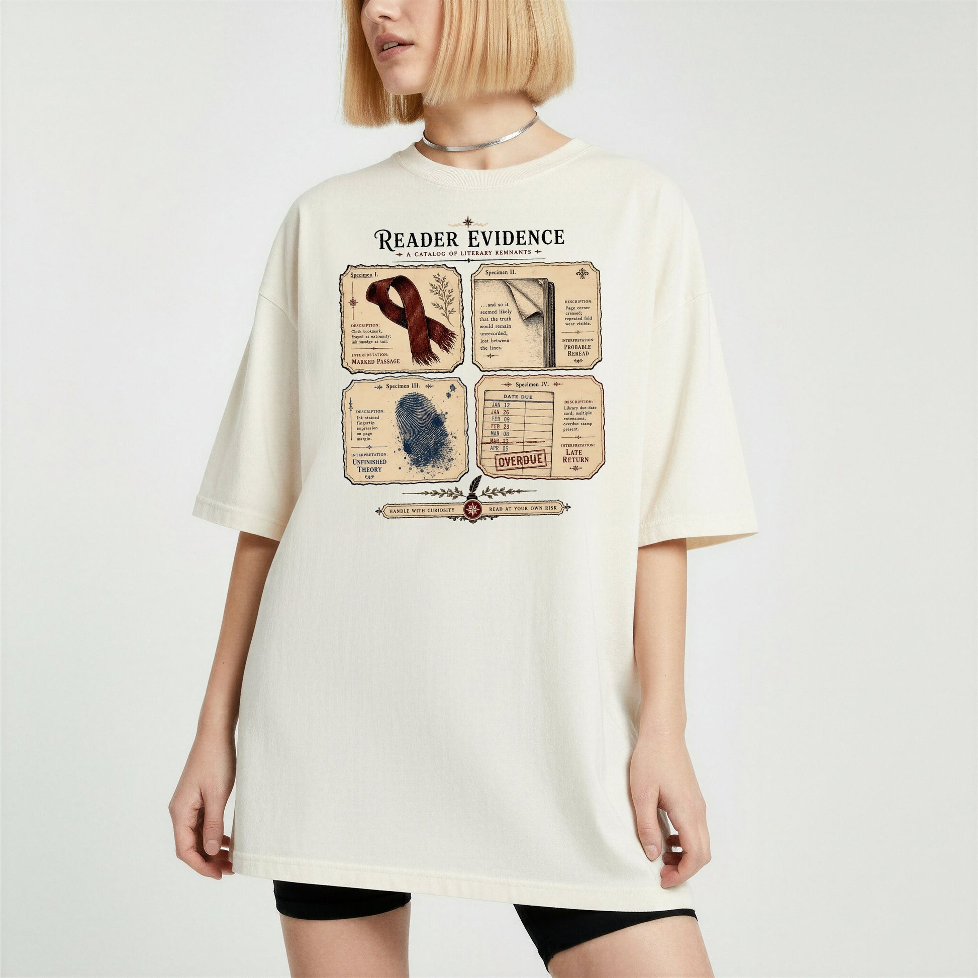 Reader Evidence bookish tee in Ivory, worn