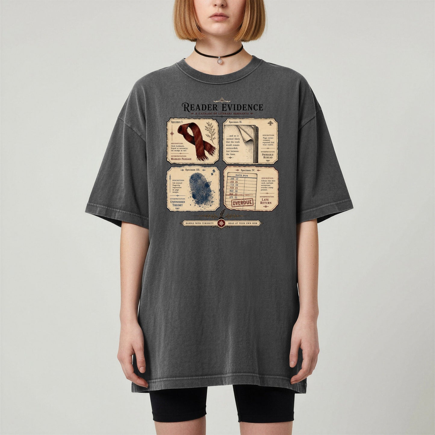 Reader Evidence bookish tee in Pepper, worn