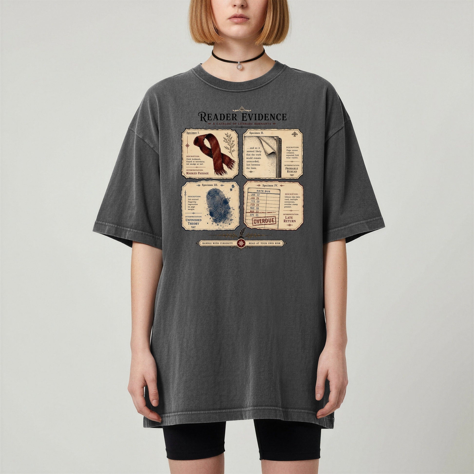 Reader Evidence bookish tee in Pepper, worn