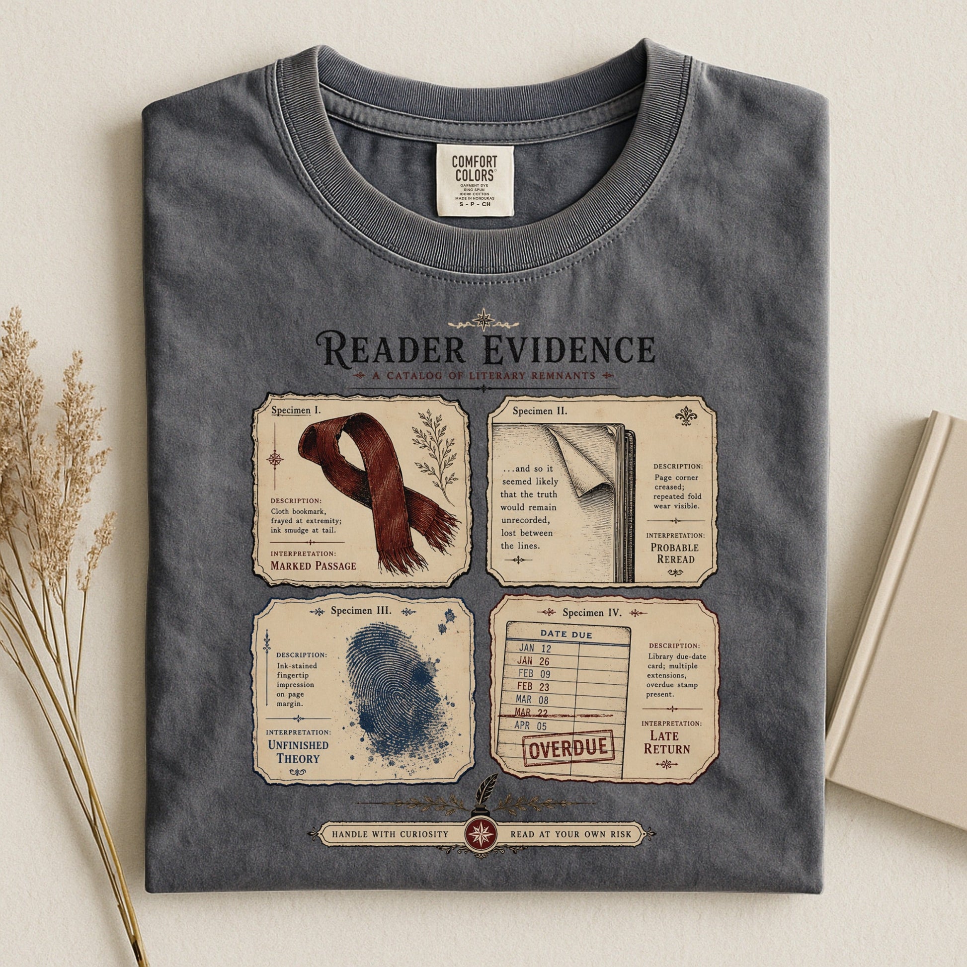 Reader Evidence bookish tee in Pepper, flat lay