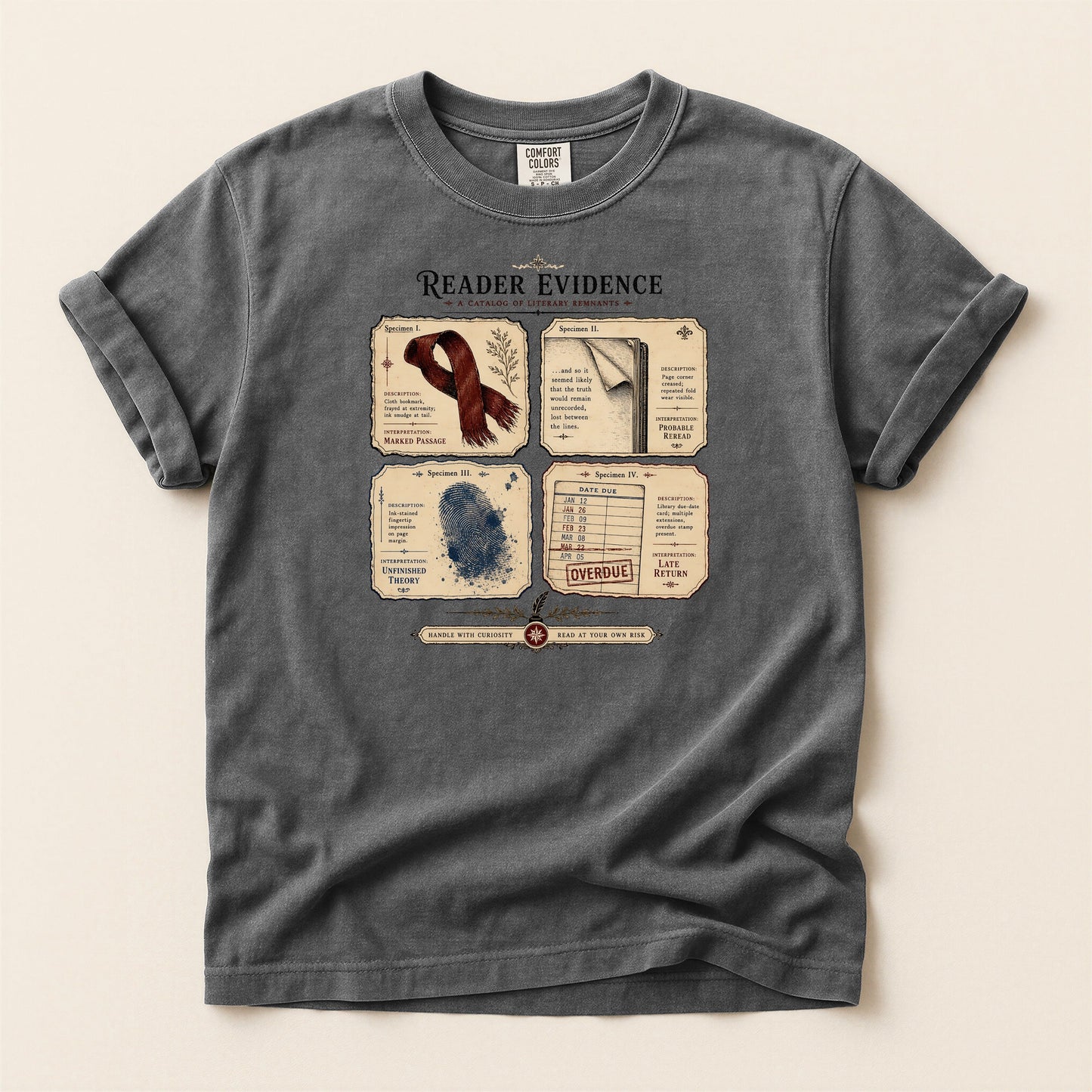Reader Evidence bookish tee in Pepper, full flat