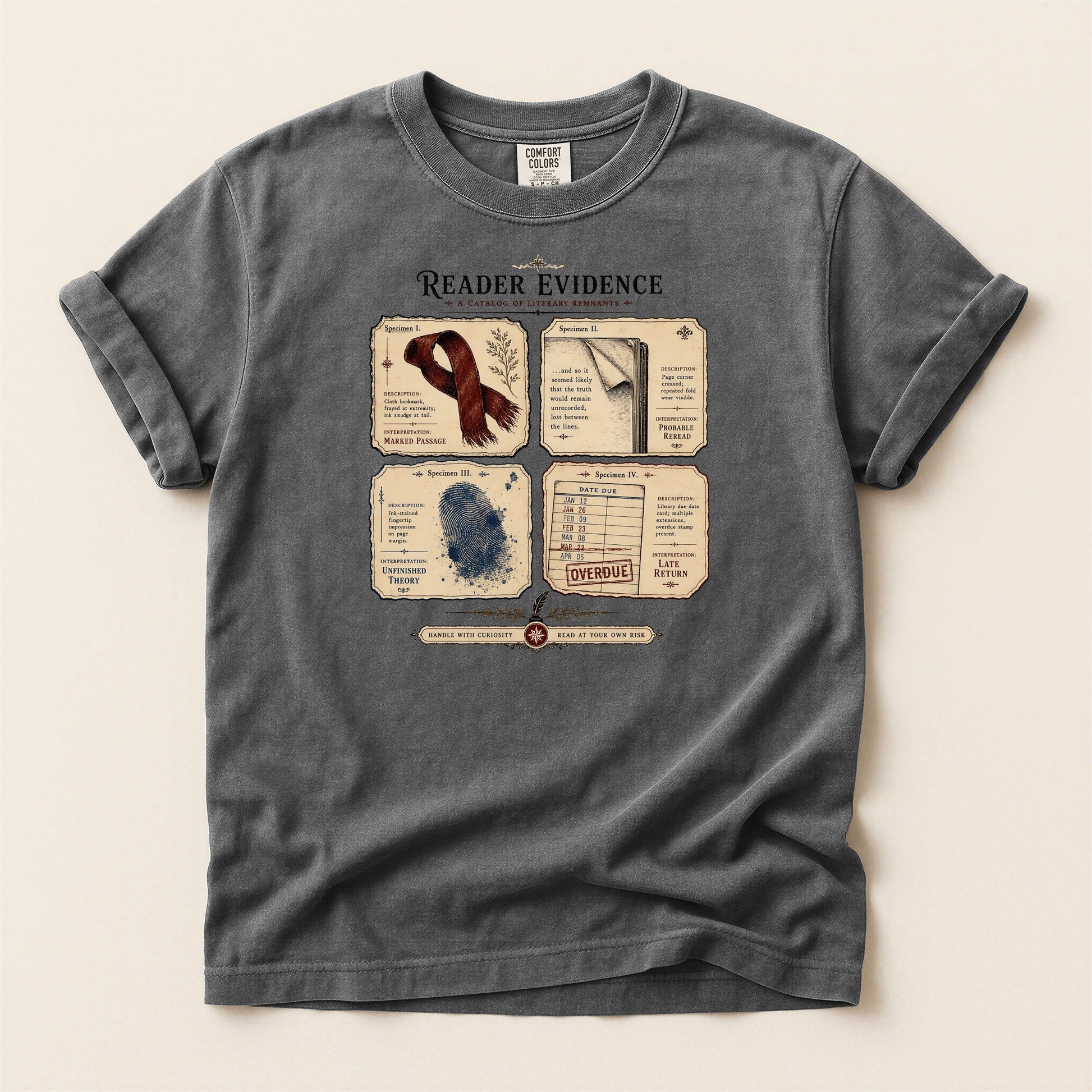 Reader Evidence bookish tee in Pepper, full flat