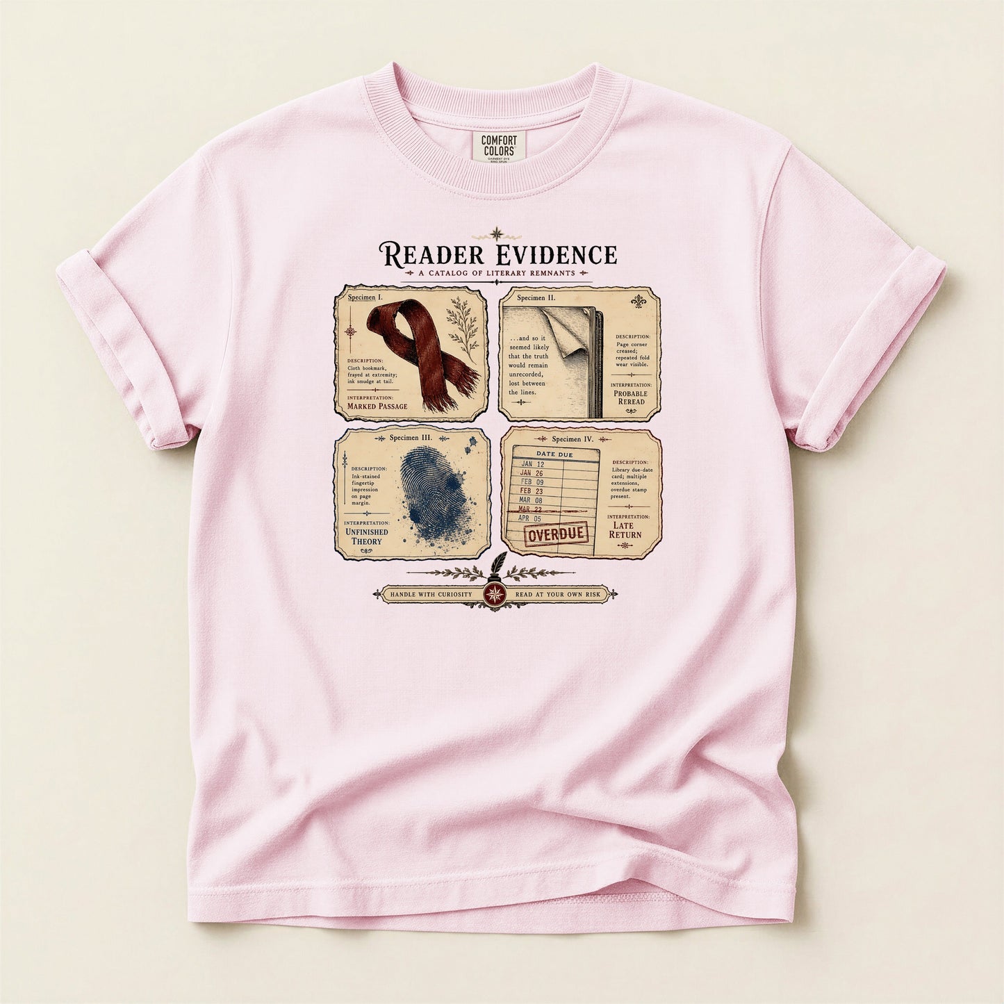 Reader Evidence bookish tee in Blossom, full flat