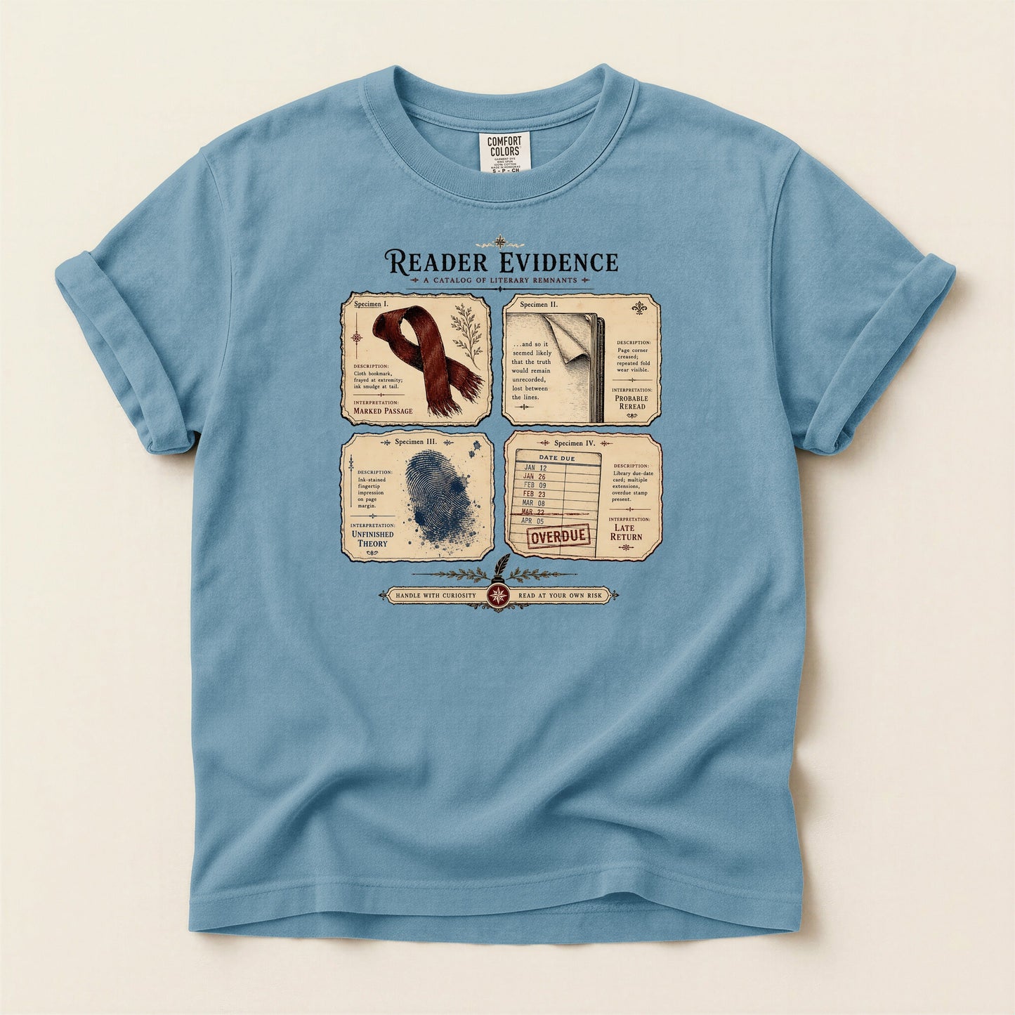 Reader Evidence bookish tee in Ice Blue, full flat