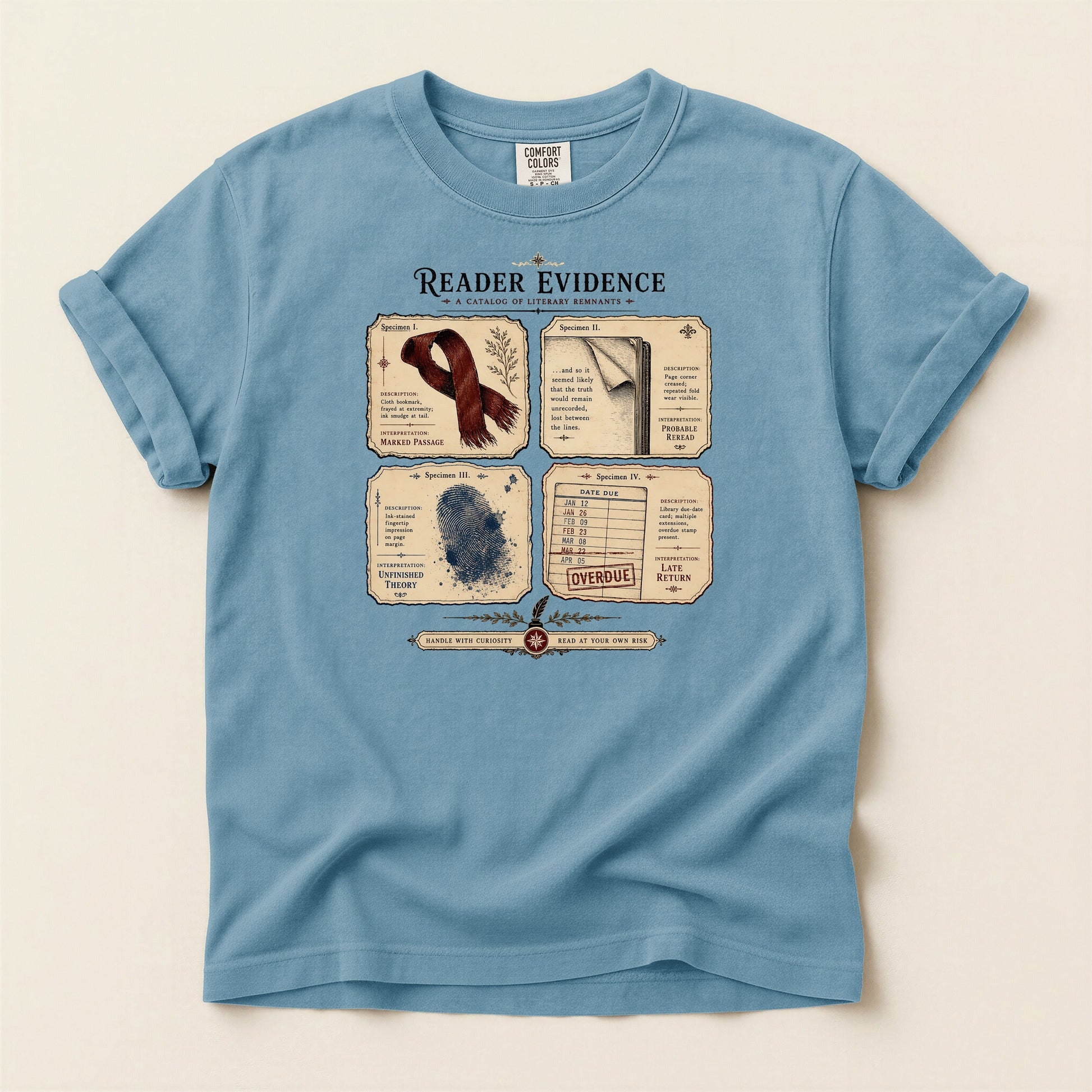 Reader Evidence bookish tee in Ice Blue, full flat