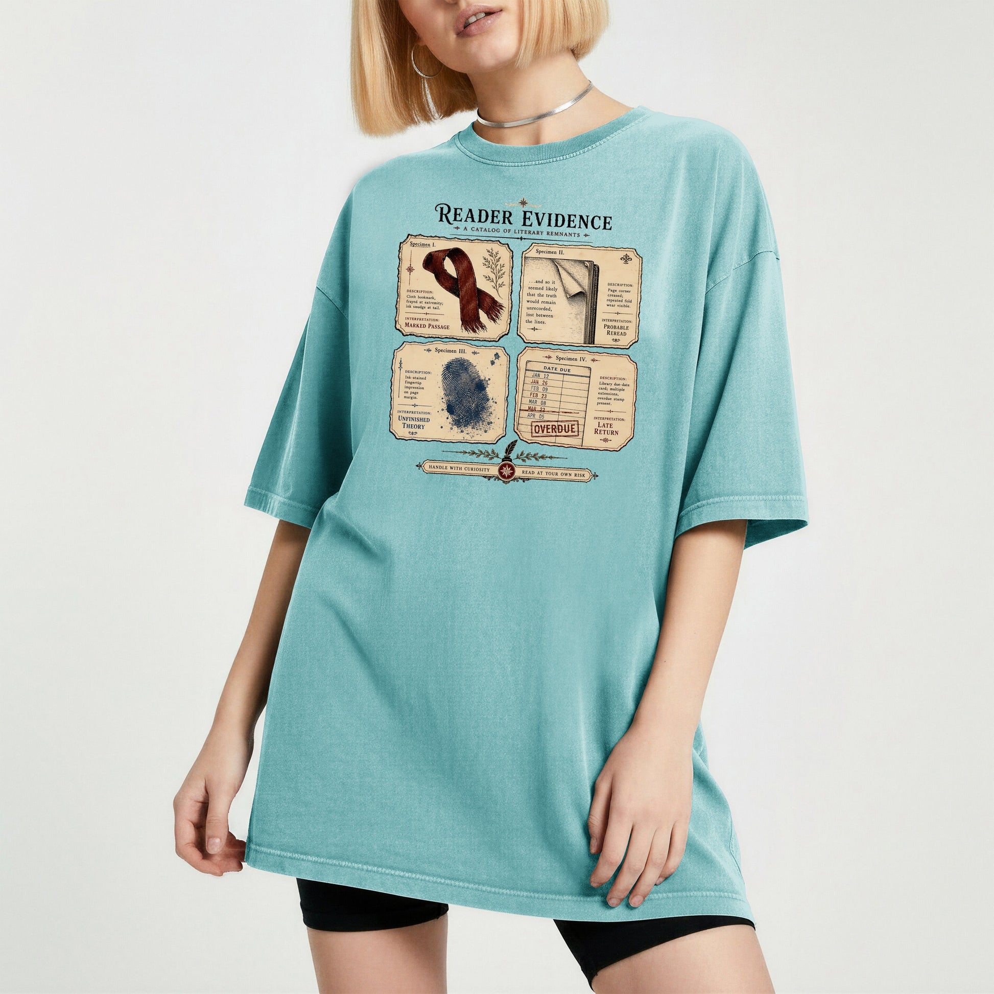 Reader Evidence bookish tee in Seafoam, worn