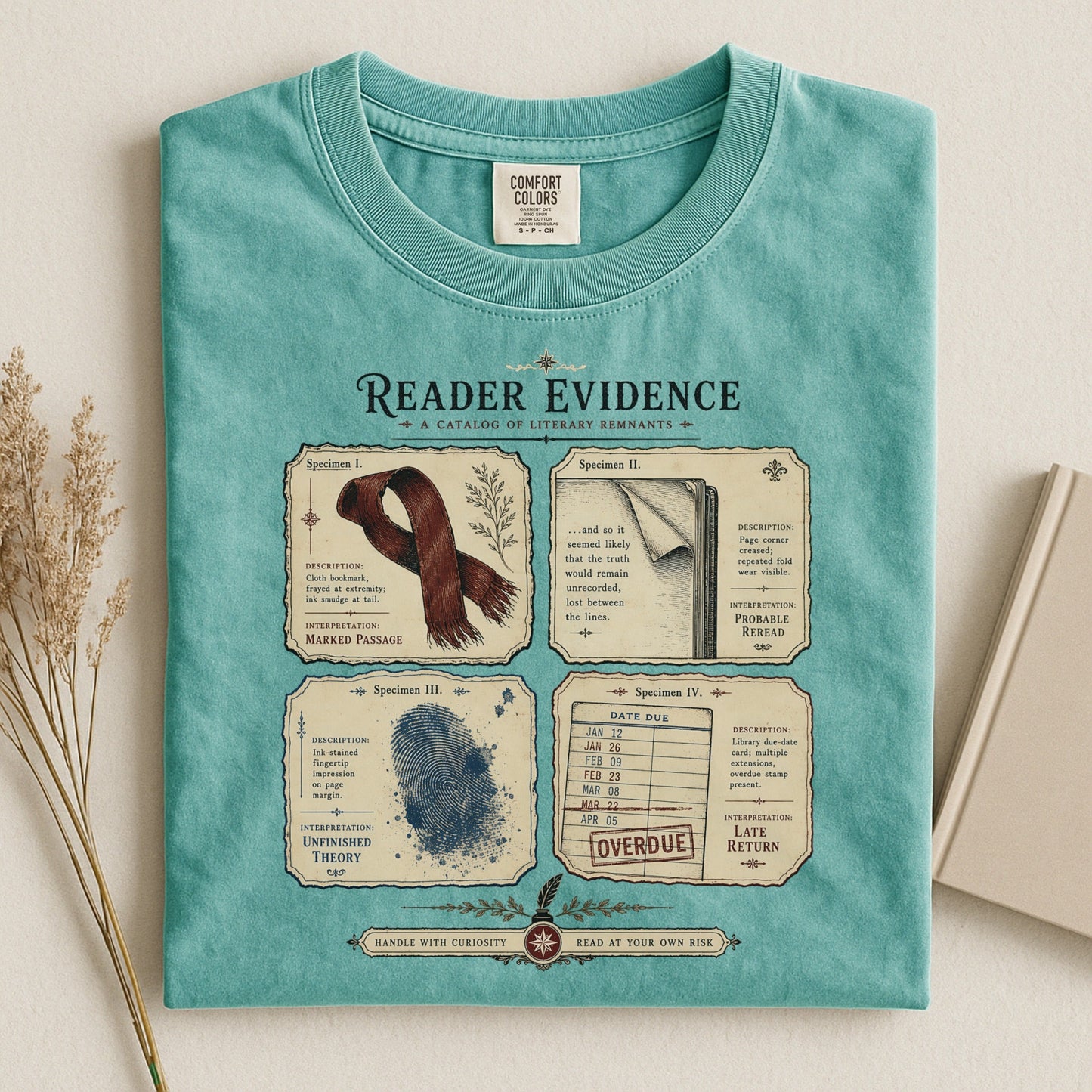 Reader Evidence bookish tee in Seafoam, flat lay