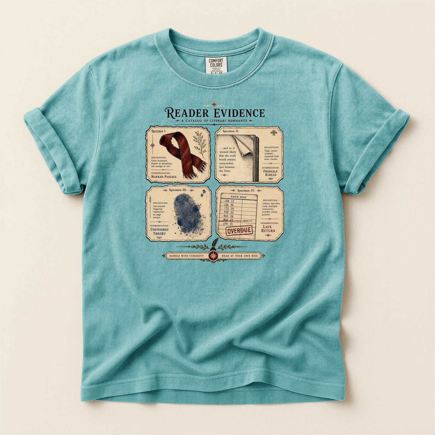 Reader Evidence bookish tee in Seafoam, full flat