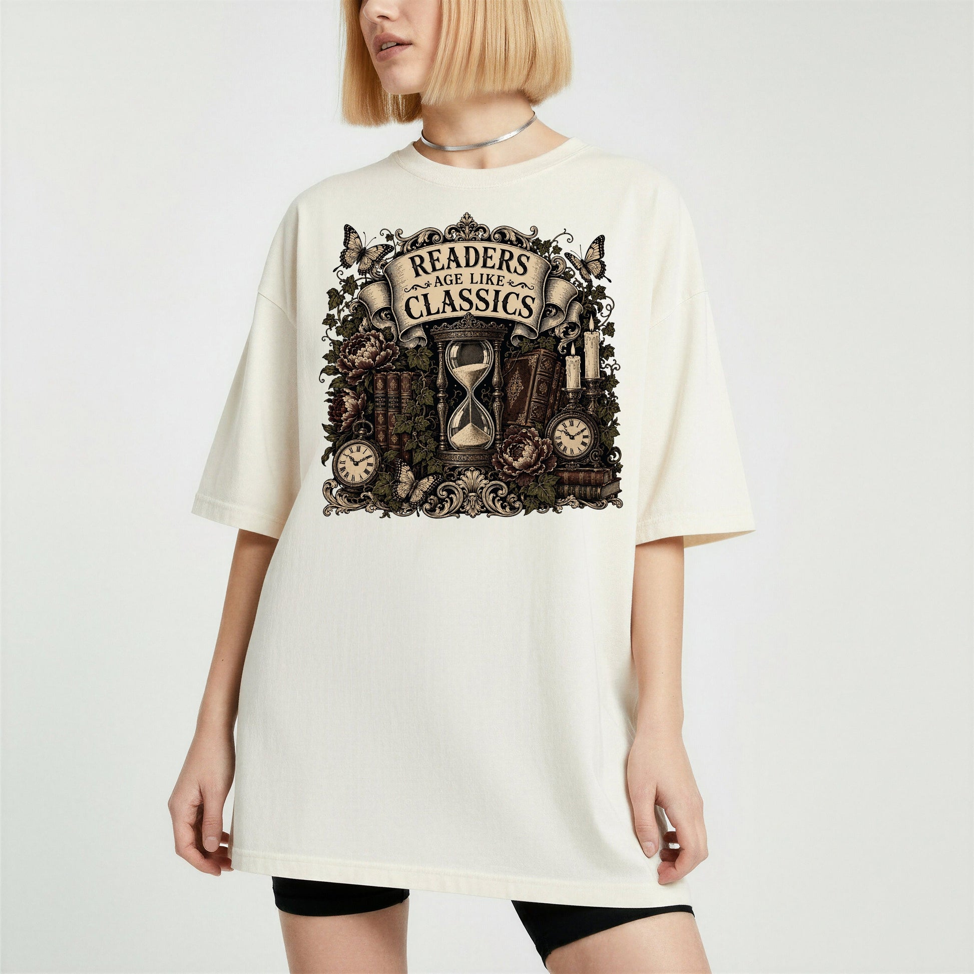 Readers Age Like Classics bookish tee in Ivory, worn