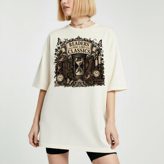 Readers Age Like Classics bookish tee in Ivory, worn