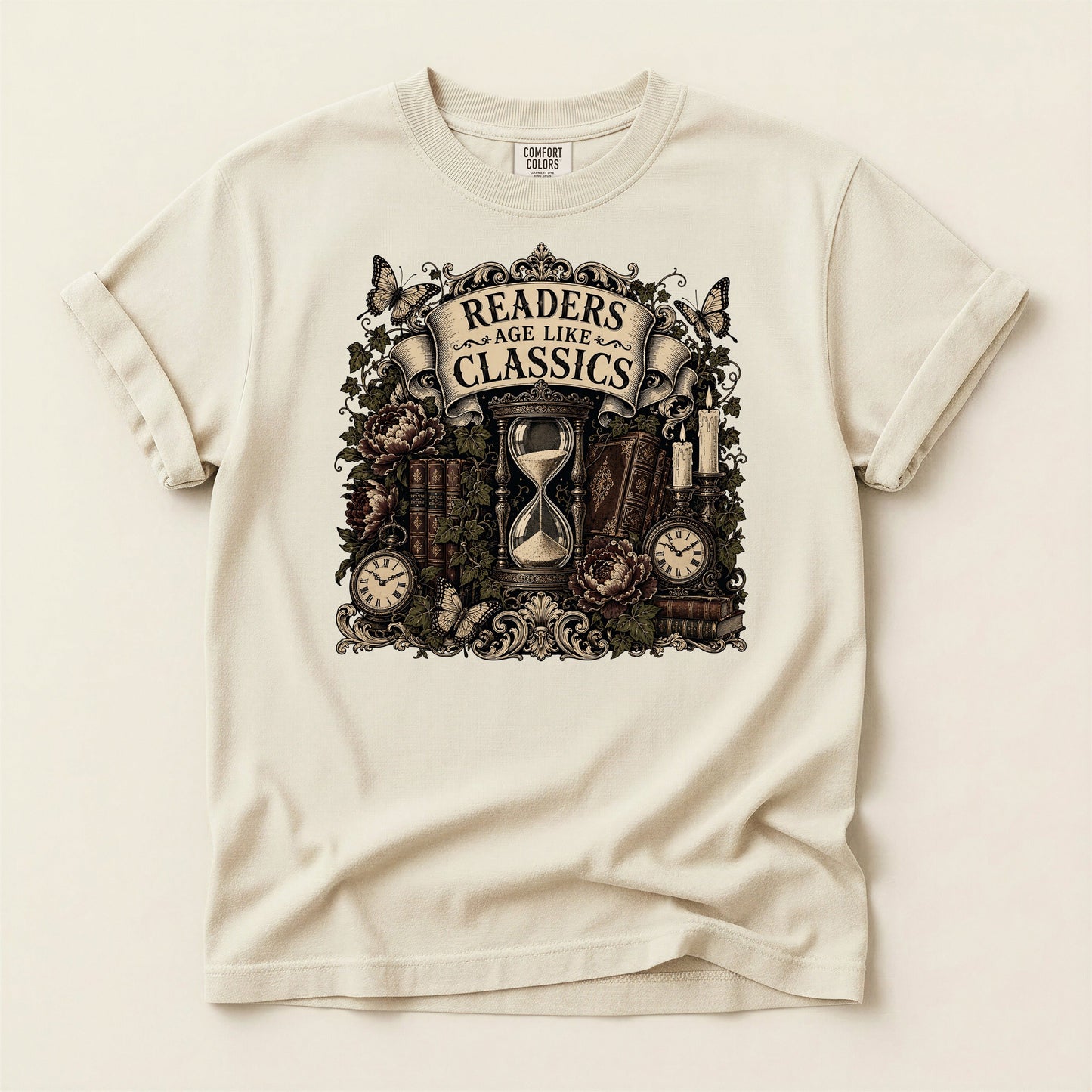 Readers Age Like Classics bookish tee in Ivory, full flat