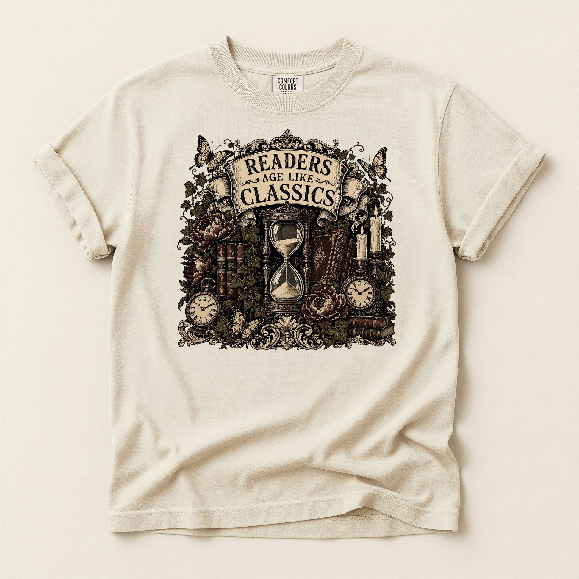 Readers Age Like Classics bookish tee in Ivory, full flat