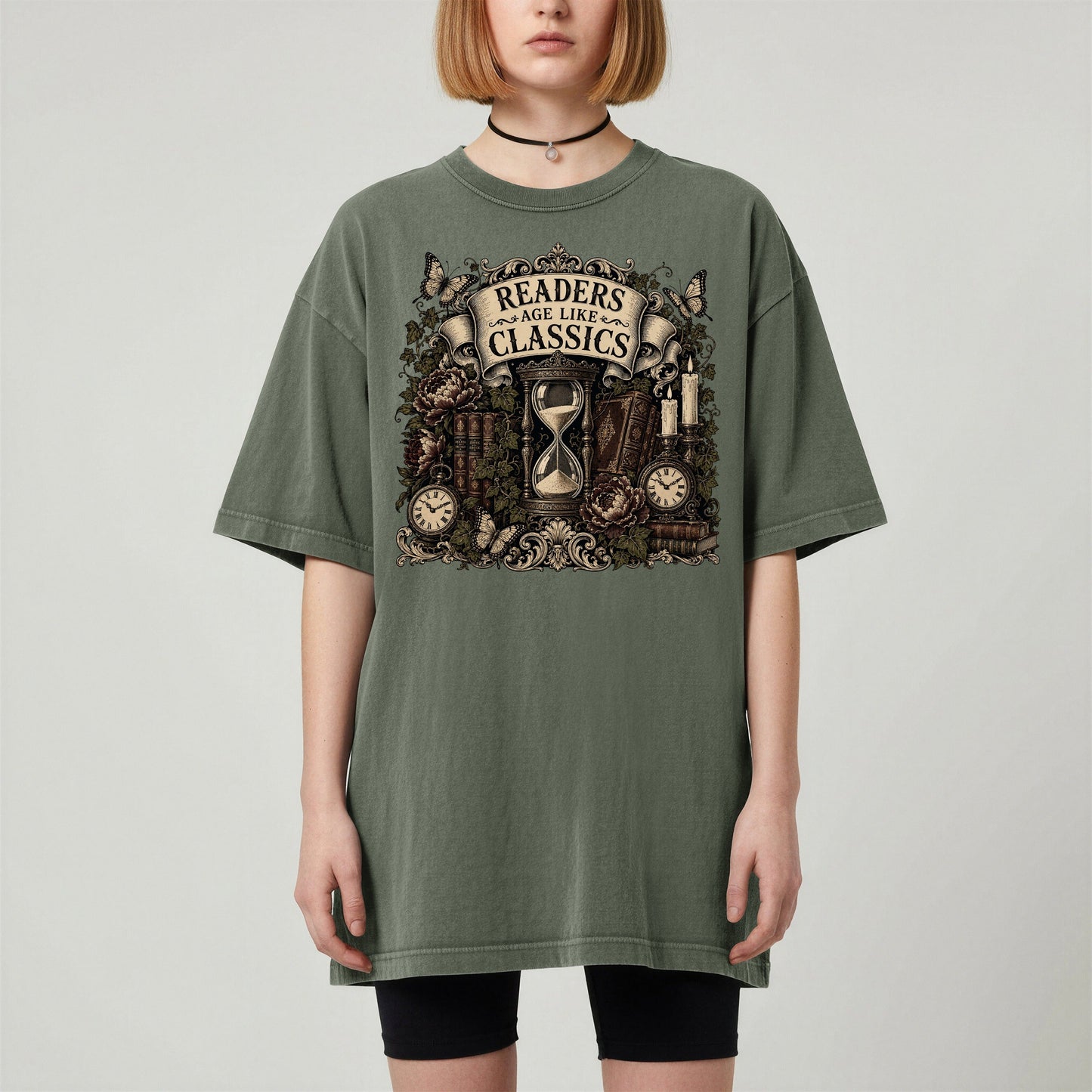 Readers Age Like Classics bookish tee in Moss, worn