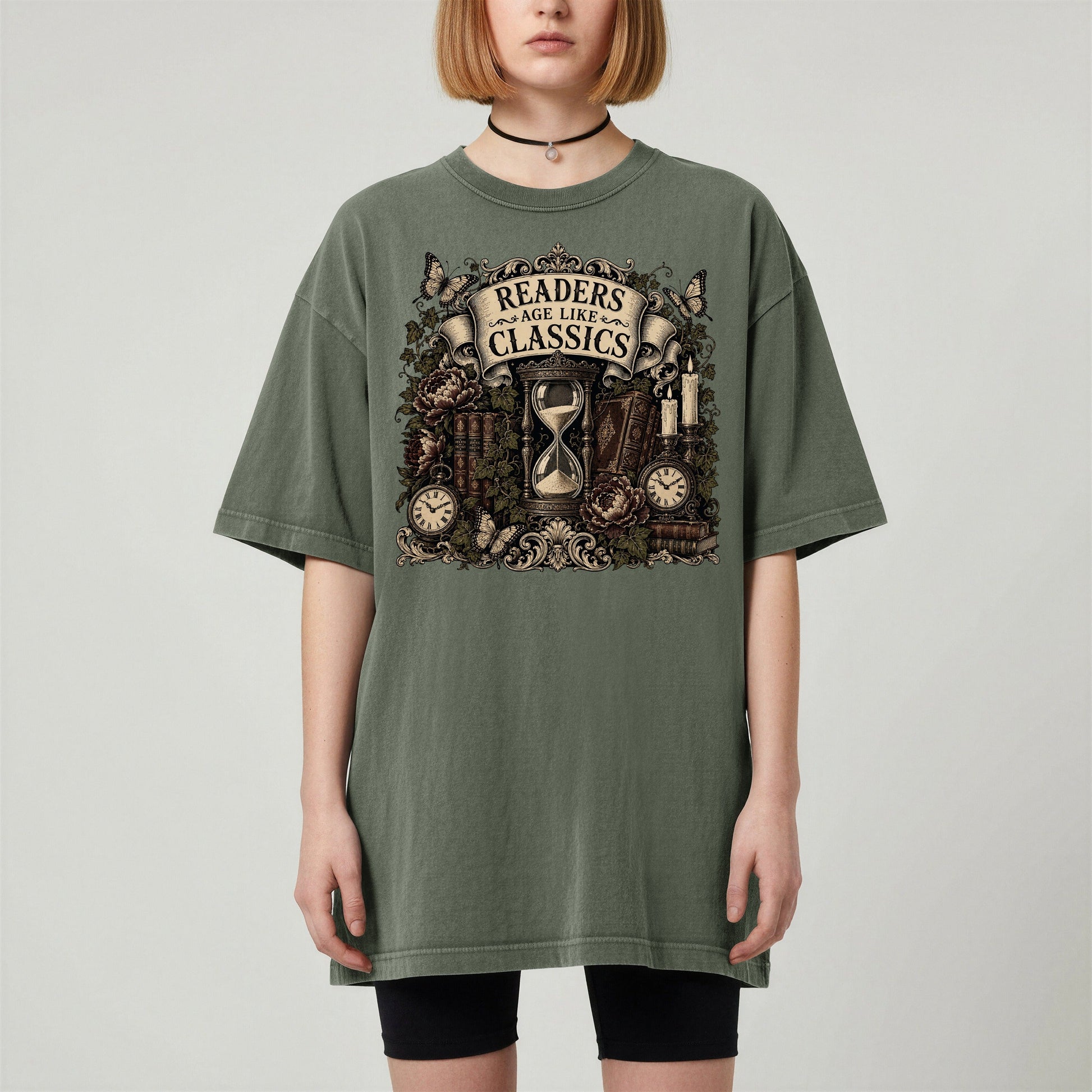 Readers Age Like Classics bookish tee in Moss, worn