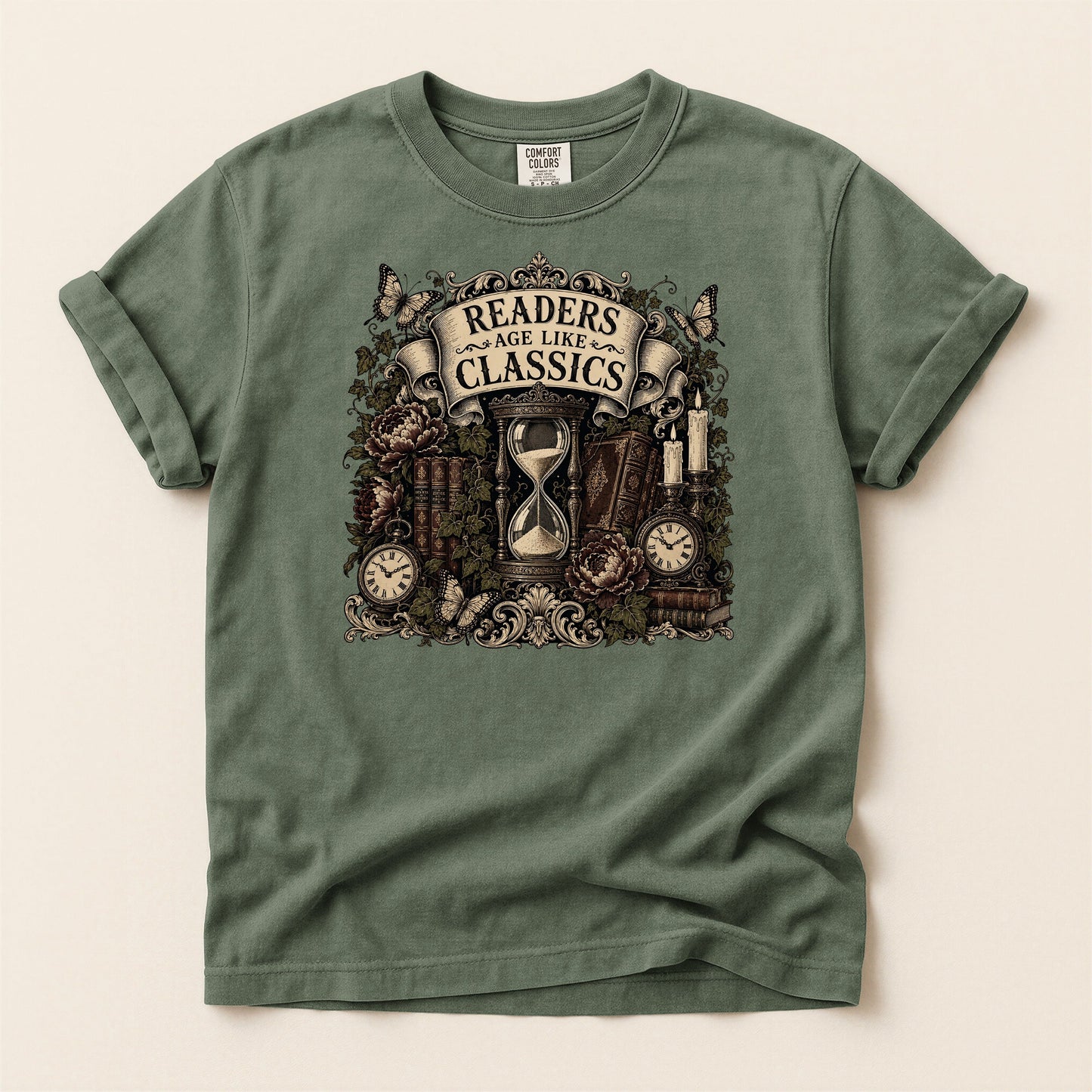 Readers Age Like Classics bookish tee in Moss, full flat