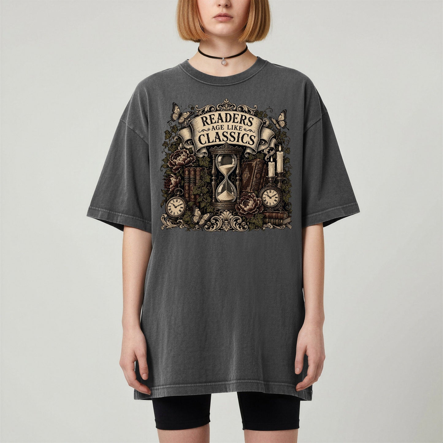 Readers Age Like Classics bookish tee in Pepper, worn