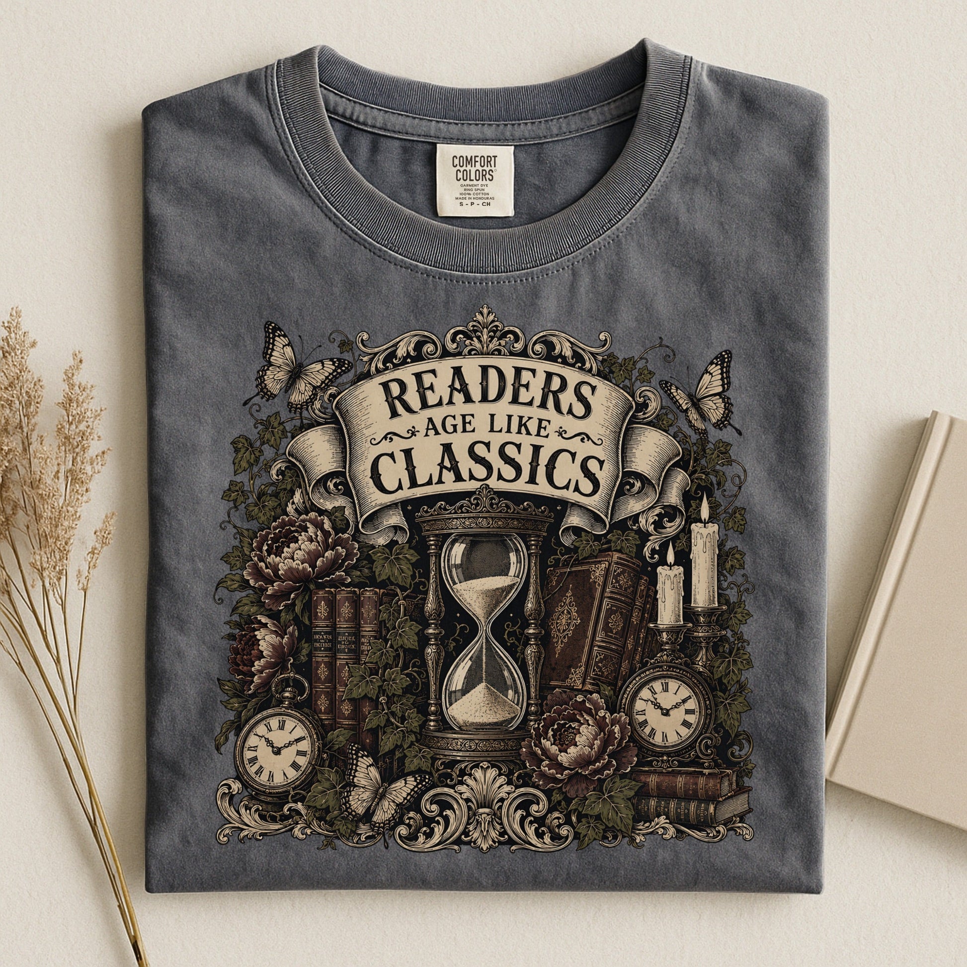 Readers Age Like Classics bookish tee in Pepper, flat lay