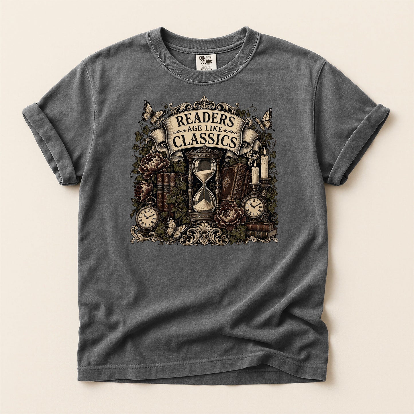 Readers Age Like Classics bookish tee in Pepper, full flat