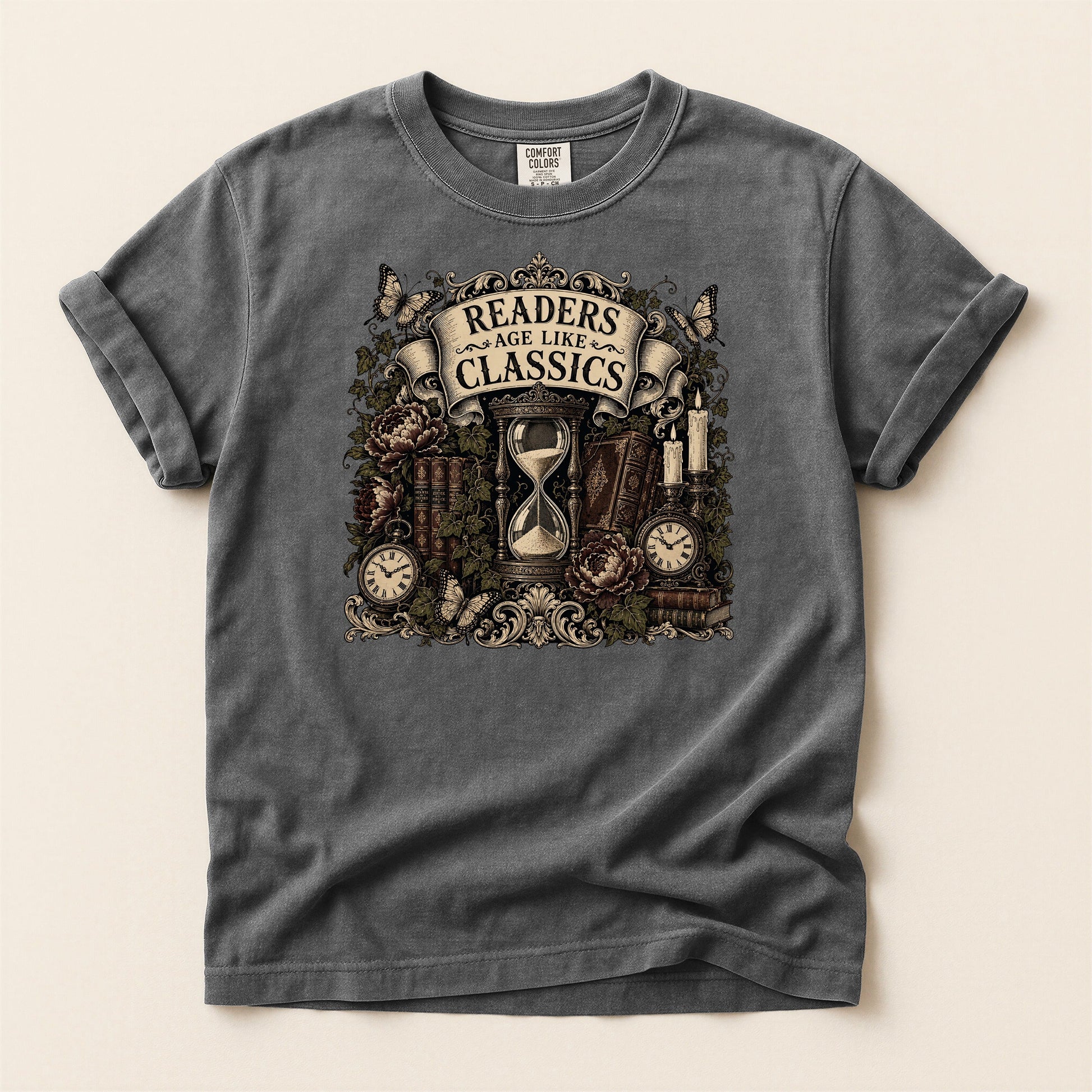 Readers Age Like Classics bookish tee in Pepper, full flat