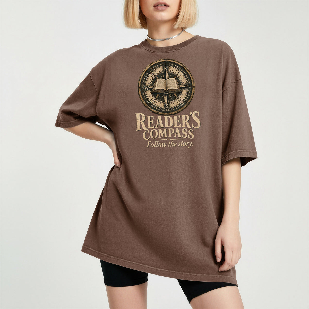 Shelf Love Studio Reader's Compass t-shirt in Espresso, worn