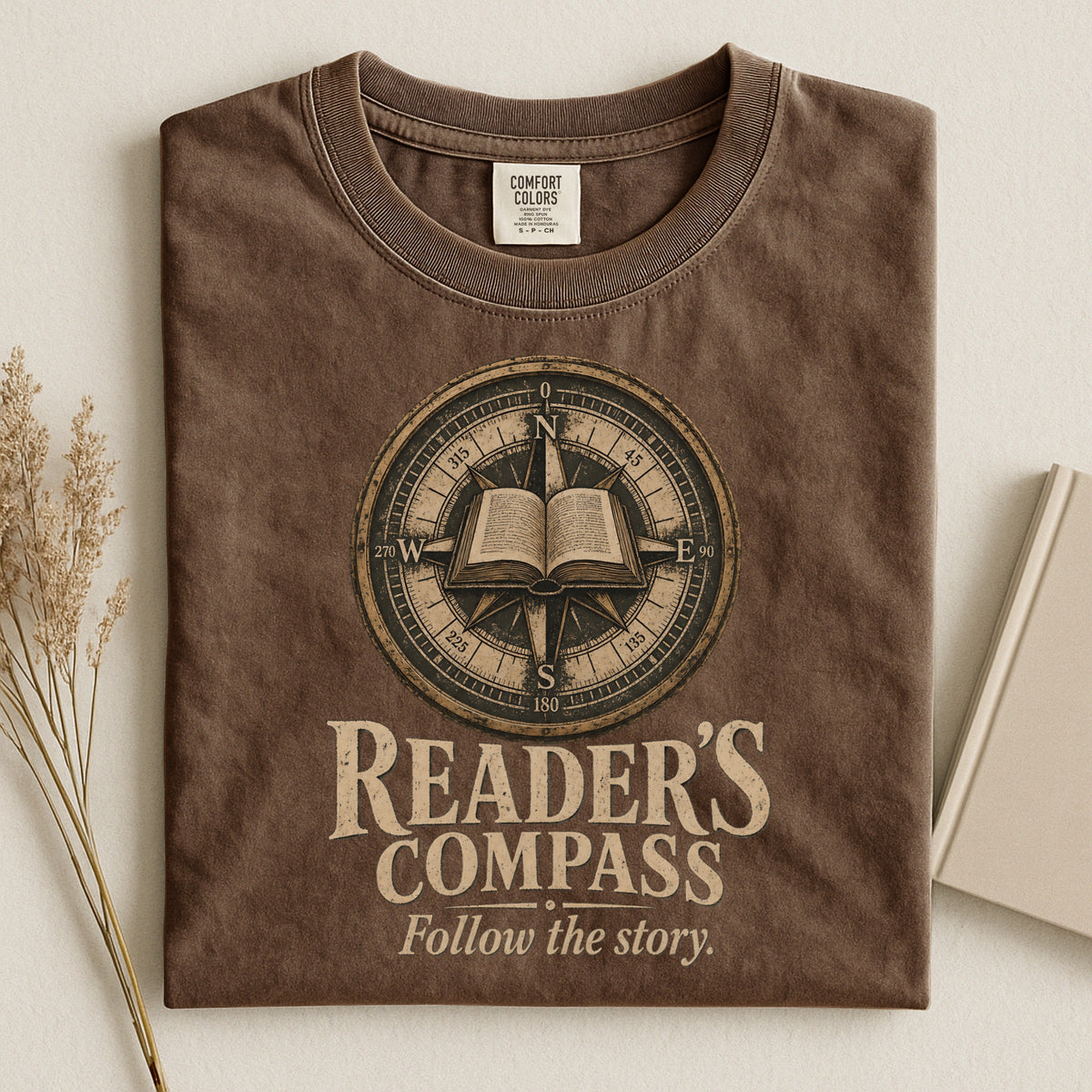 Shelf Love Studio Reader's Compass t-shirt in Espresso, styled flat lay