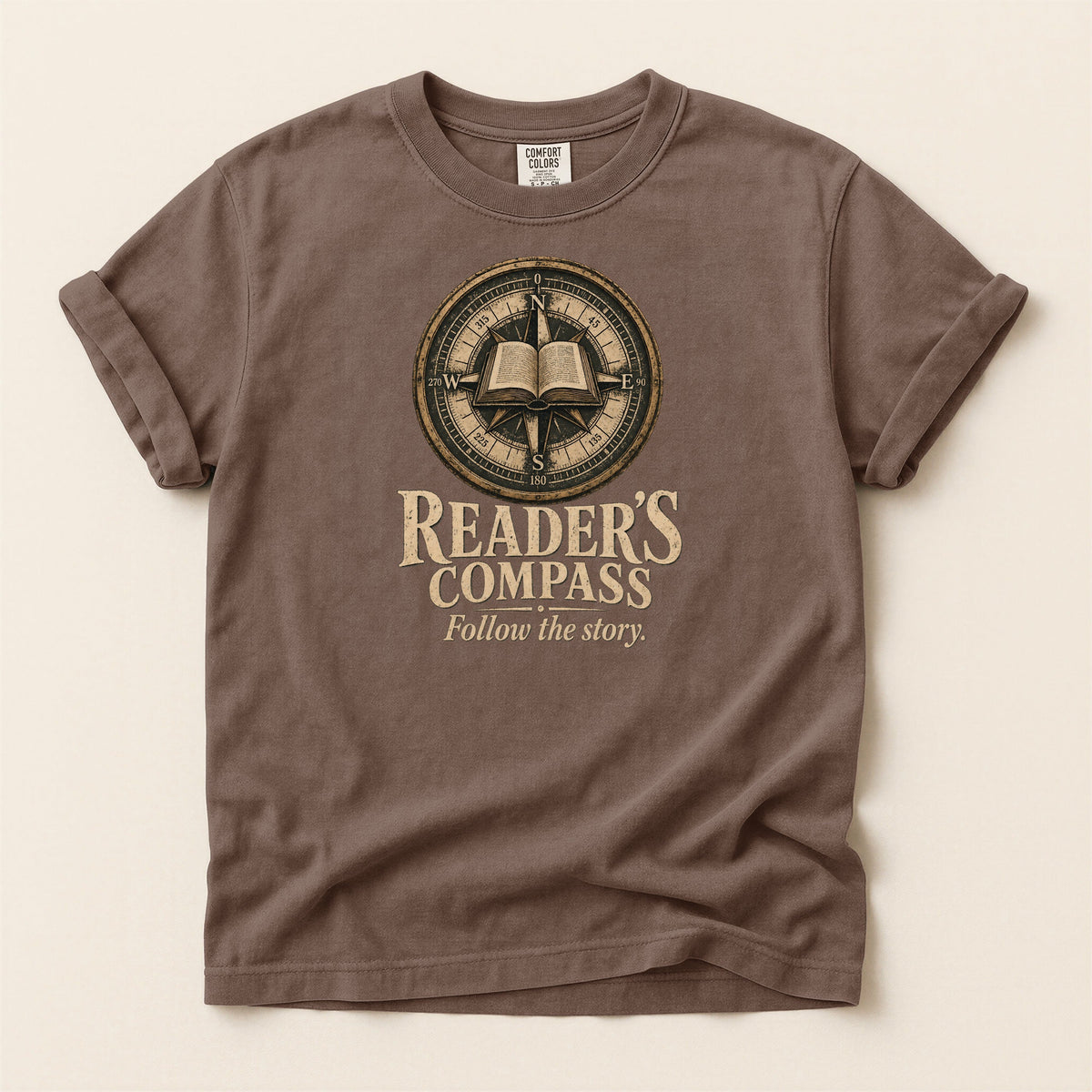 Shelf Love Studio Reader's Compass t-shirt in Espresso, flat