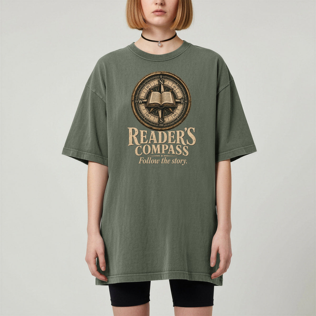 Shelf Love Studio Reader's Compass t-shirt in Moss, worn