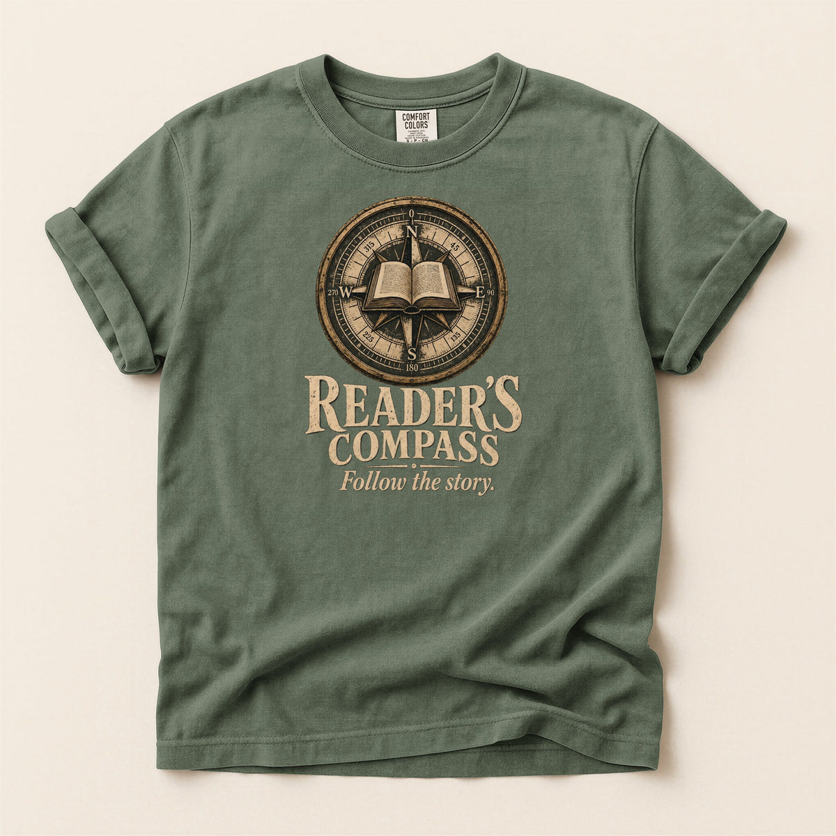 Shelf Love Studio Reader's Compass t-shirt in Moss, flat