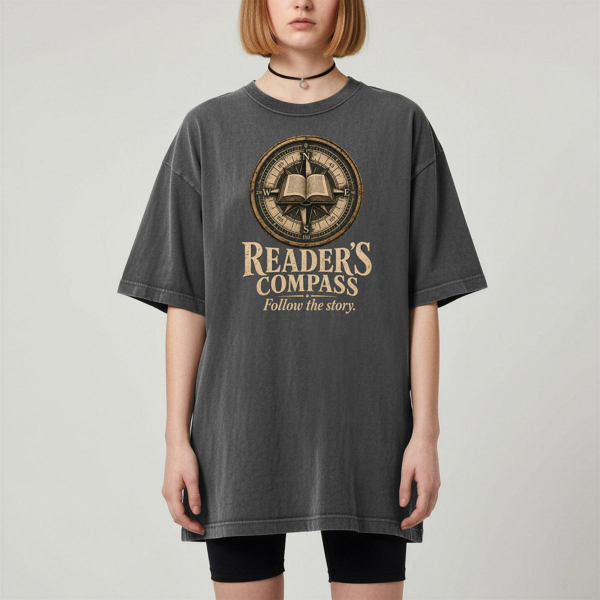 Shelf Love Studio Reader's Compass t-shirt in Pepper, worn