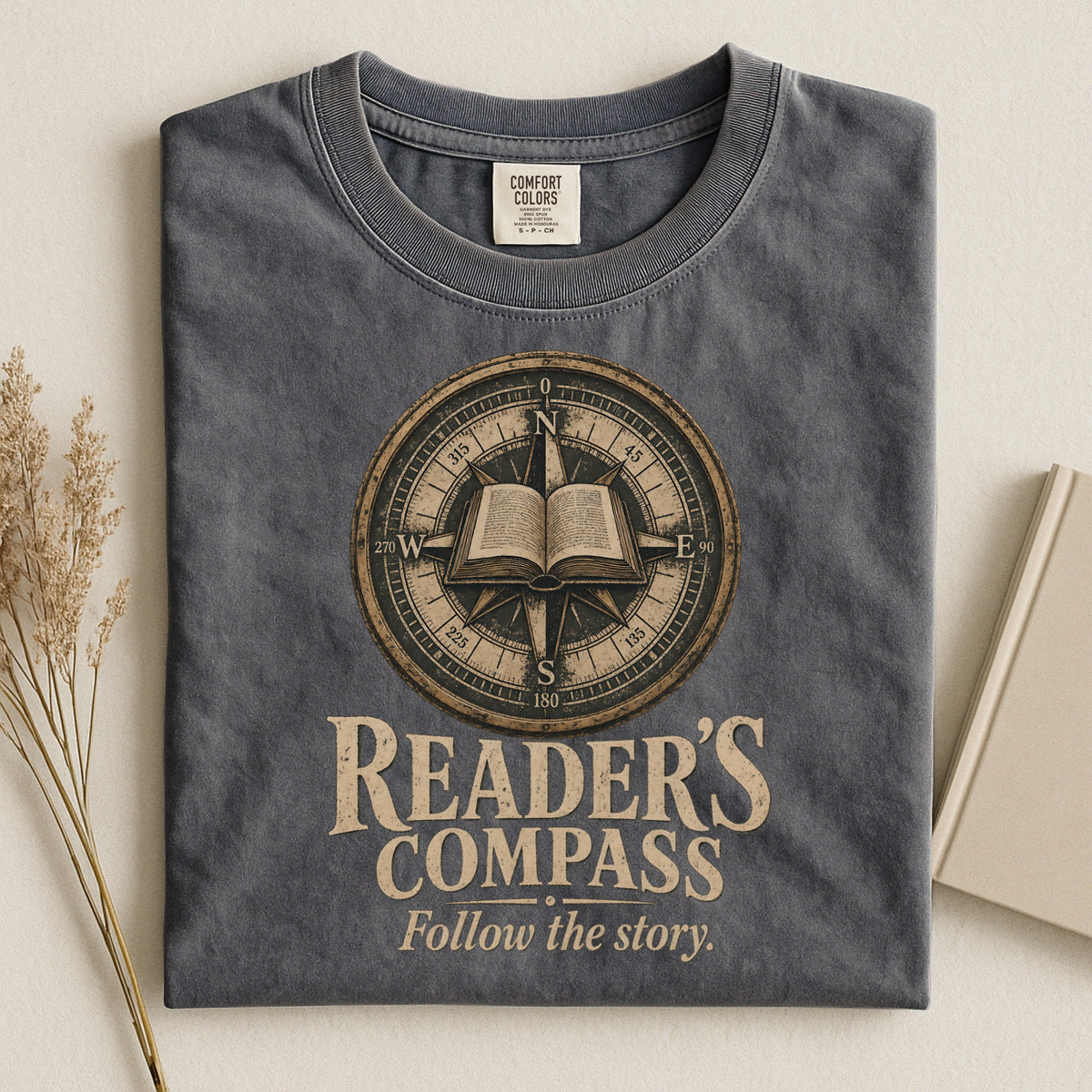 Shelf Love Studio Reader's Compass t-shirt in Pepper, styled flat lay