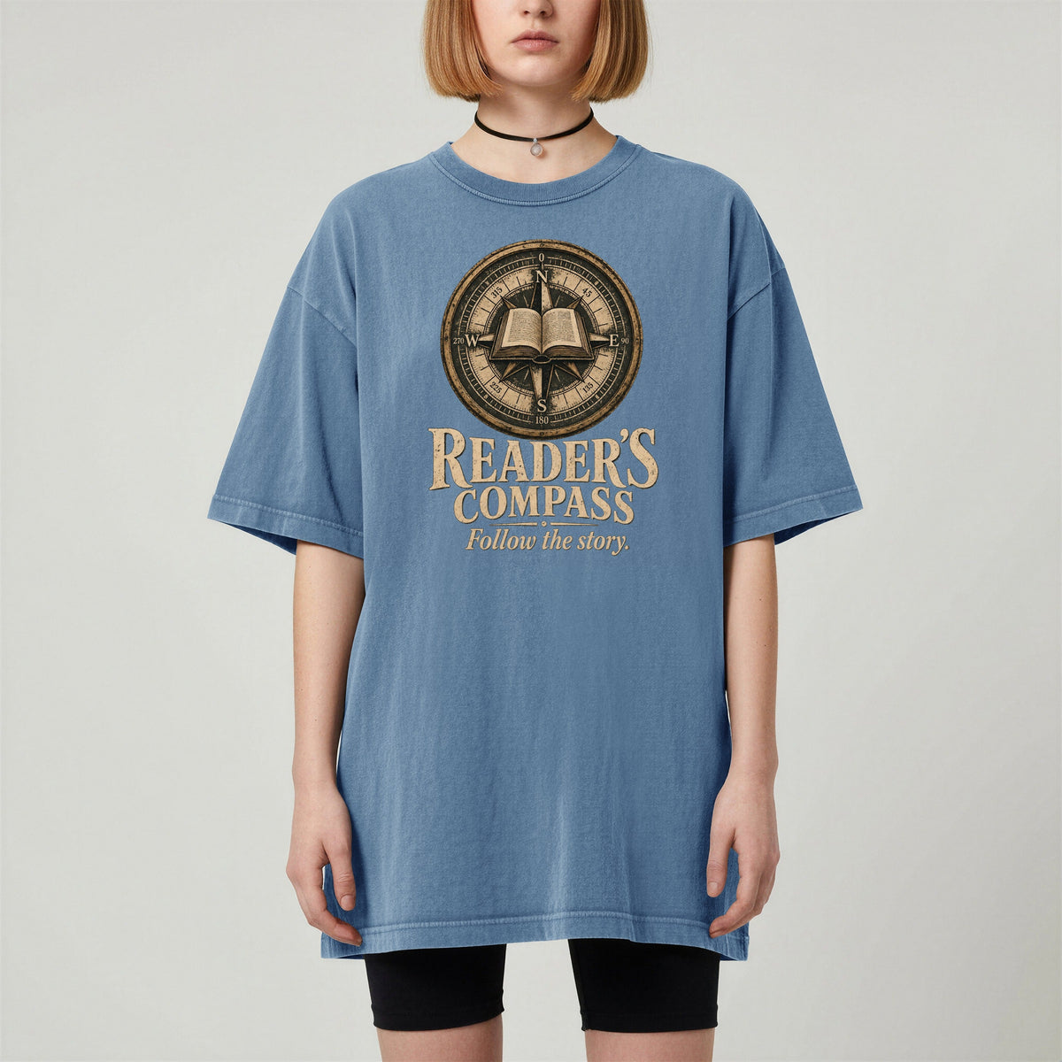 Shelf Love Studio Reader's Compass t-shirt in Blue Jean, worn