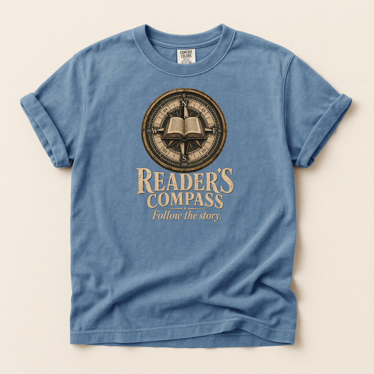 Shelf Love Studio Reader's Compass t-shirt in Blue Jean, flat