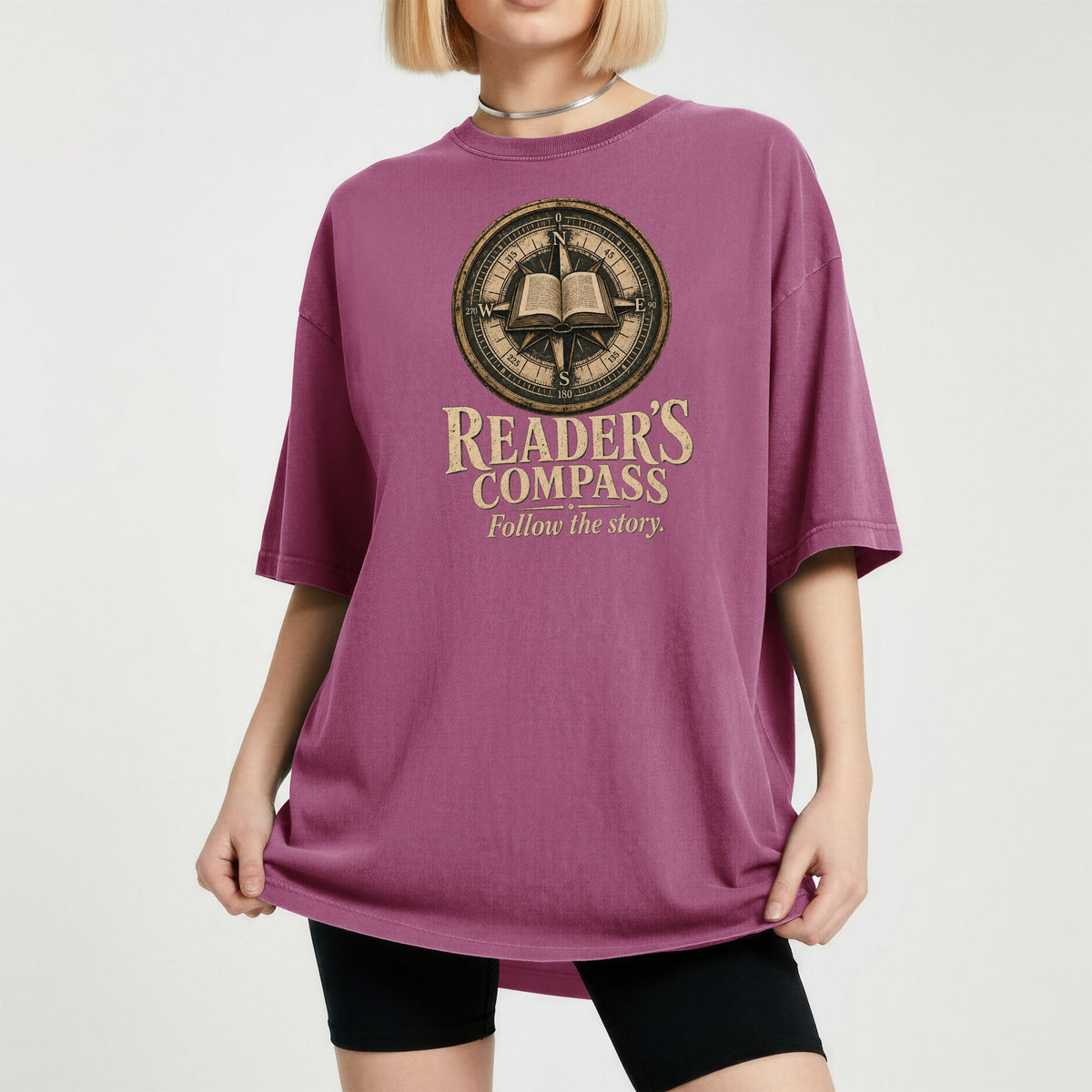 Shelf Love Studio Reader's Compass t-shirt in Berry, worn