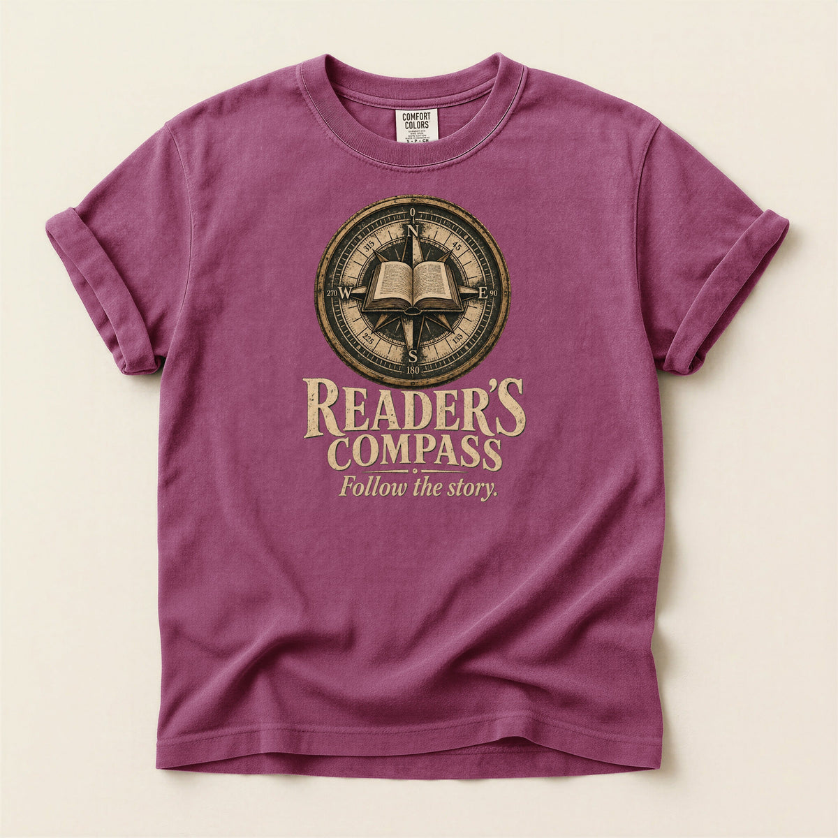 Shelf Love Studio Reader's Compass t-shirt in Berry, flat
