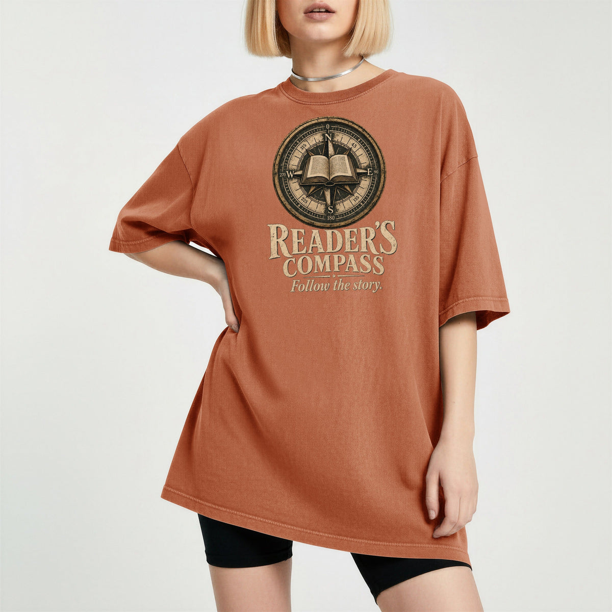 Shelf Love Studio Reader's Compass t-shirt in Yam, worn
