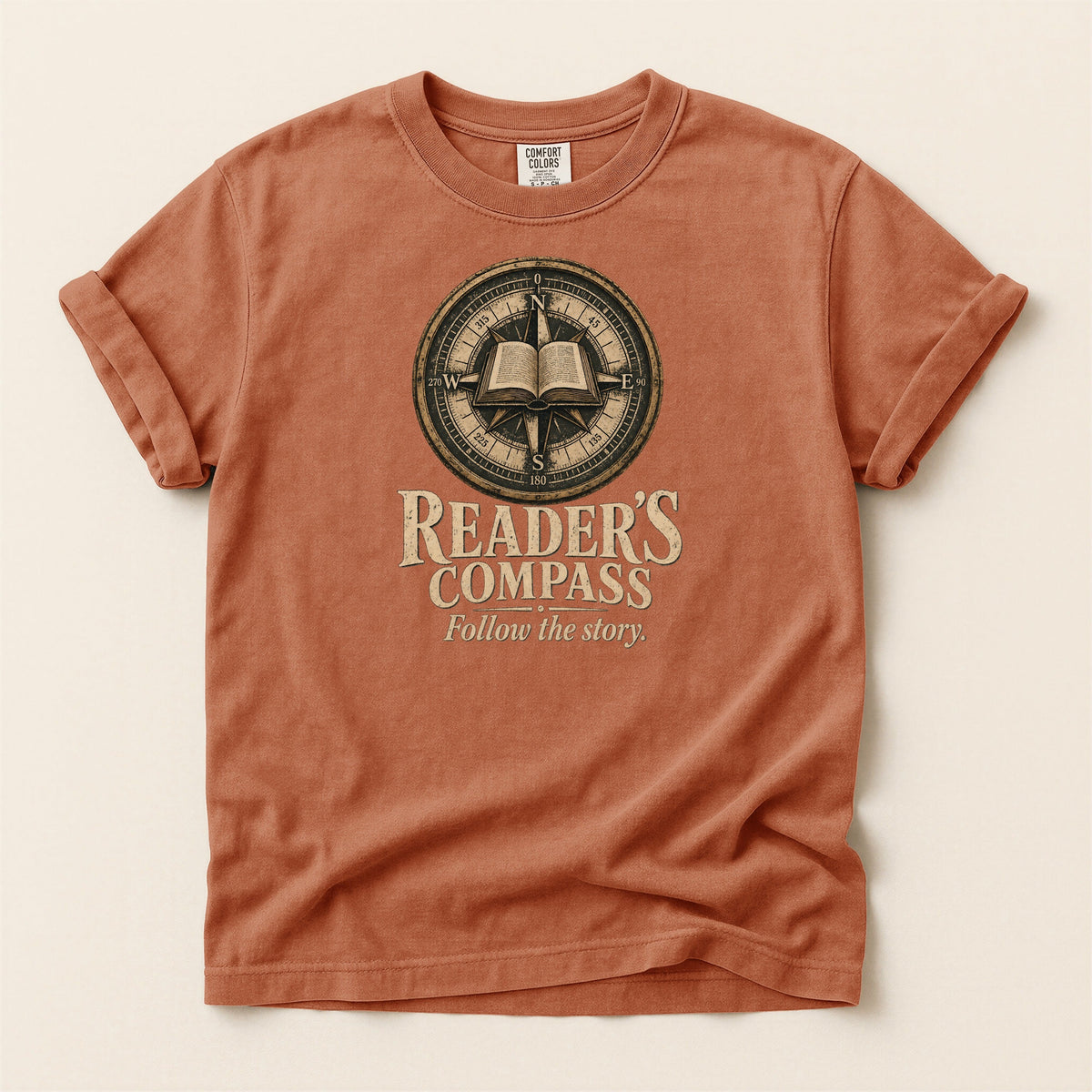 Shelf Love Studio Reader's Compass t-shirt in Yam, flat