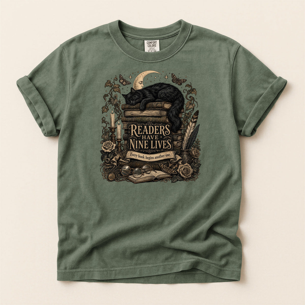 Readers Have Nine Lives bookish tee in Moss, full flat