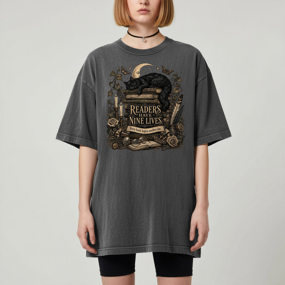 Readers Have Nine Lives bookish tee in Pepper, worn
