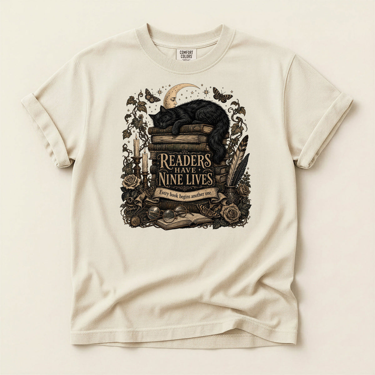 Readers Have Nine Lives bookish tee in Ivory, full flat