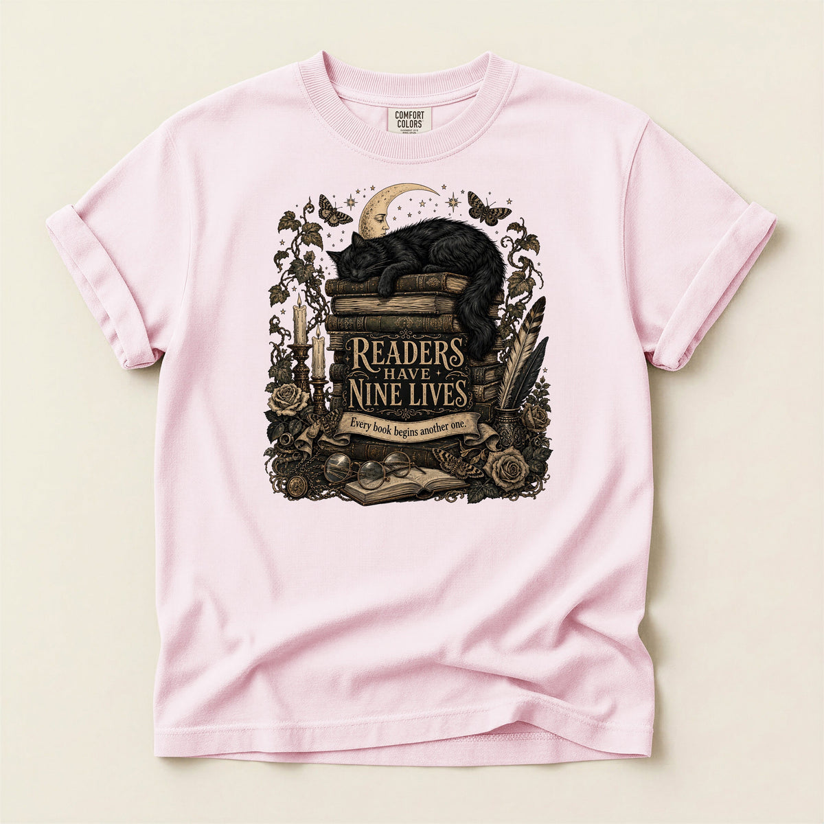 Readers Have Nine Lives bookish tee in Blossom, full flat
