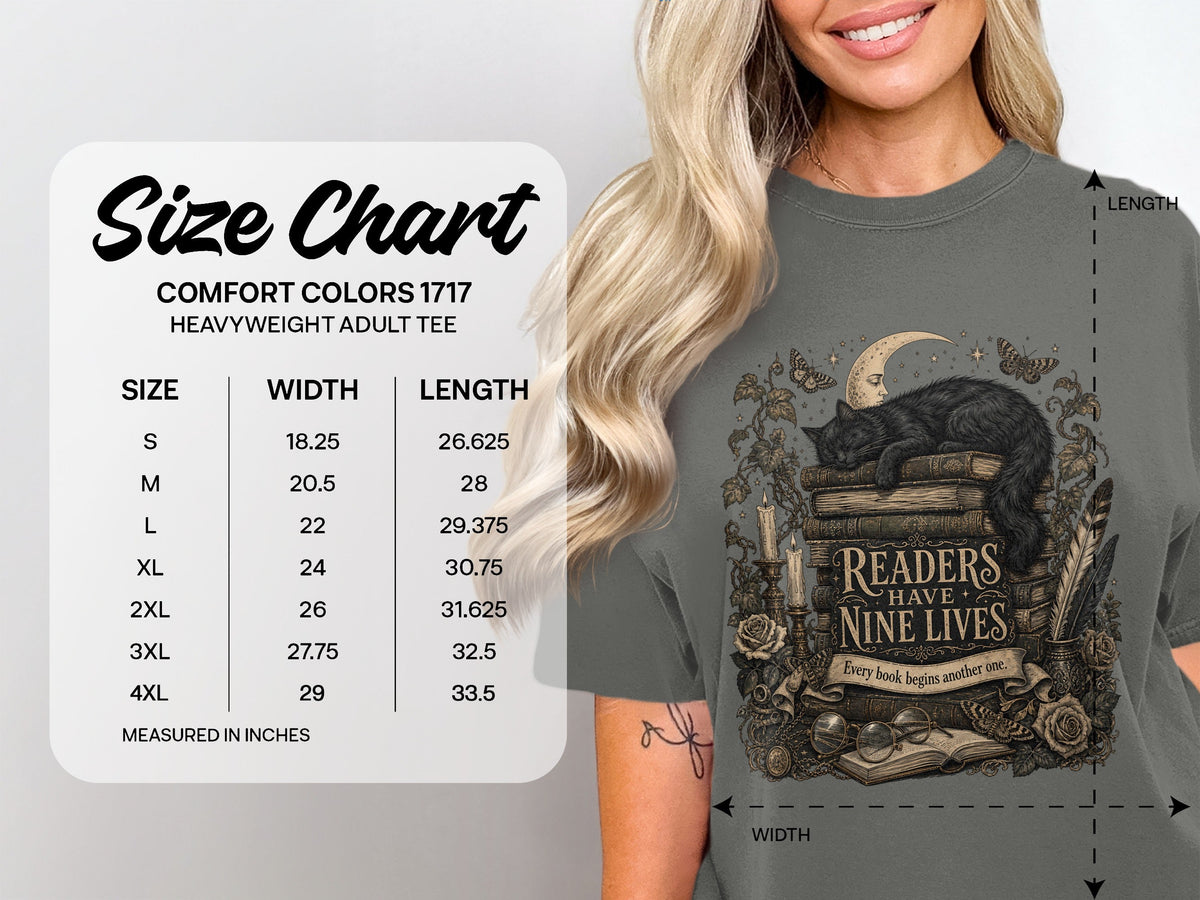 Readers Have Nine Lives size chart