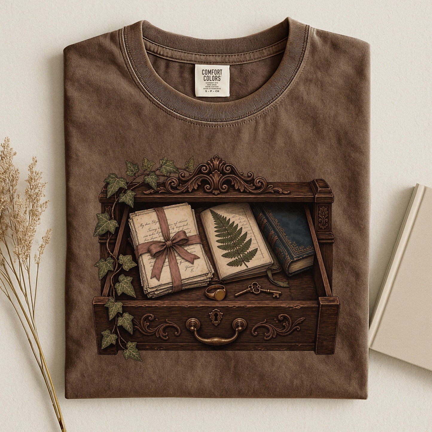 Reader's Keepsake Drawer bookish tee in Espresso, flat lay