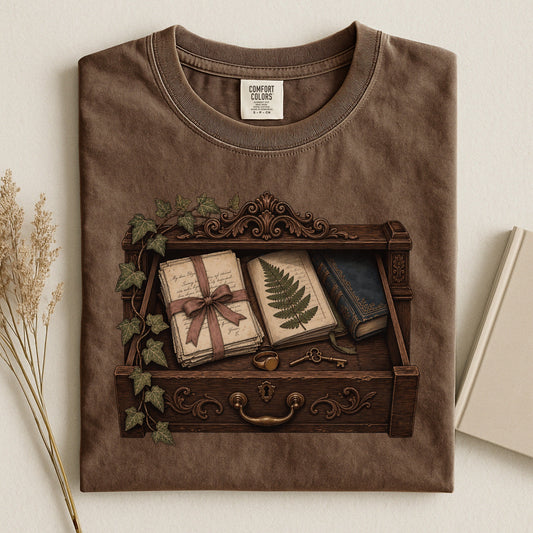 Reader's Keepsake Drawer bookish tee in Espresso, flat lay