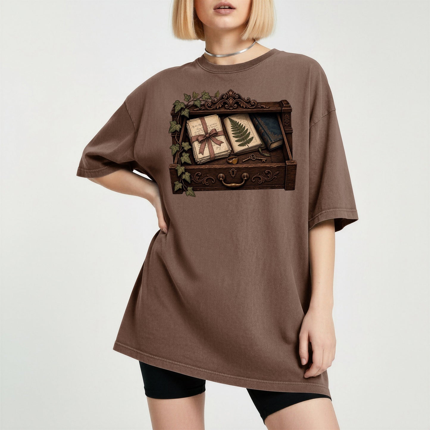 Reader's Keepsake Drawer bookish tee in Espresso, worn