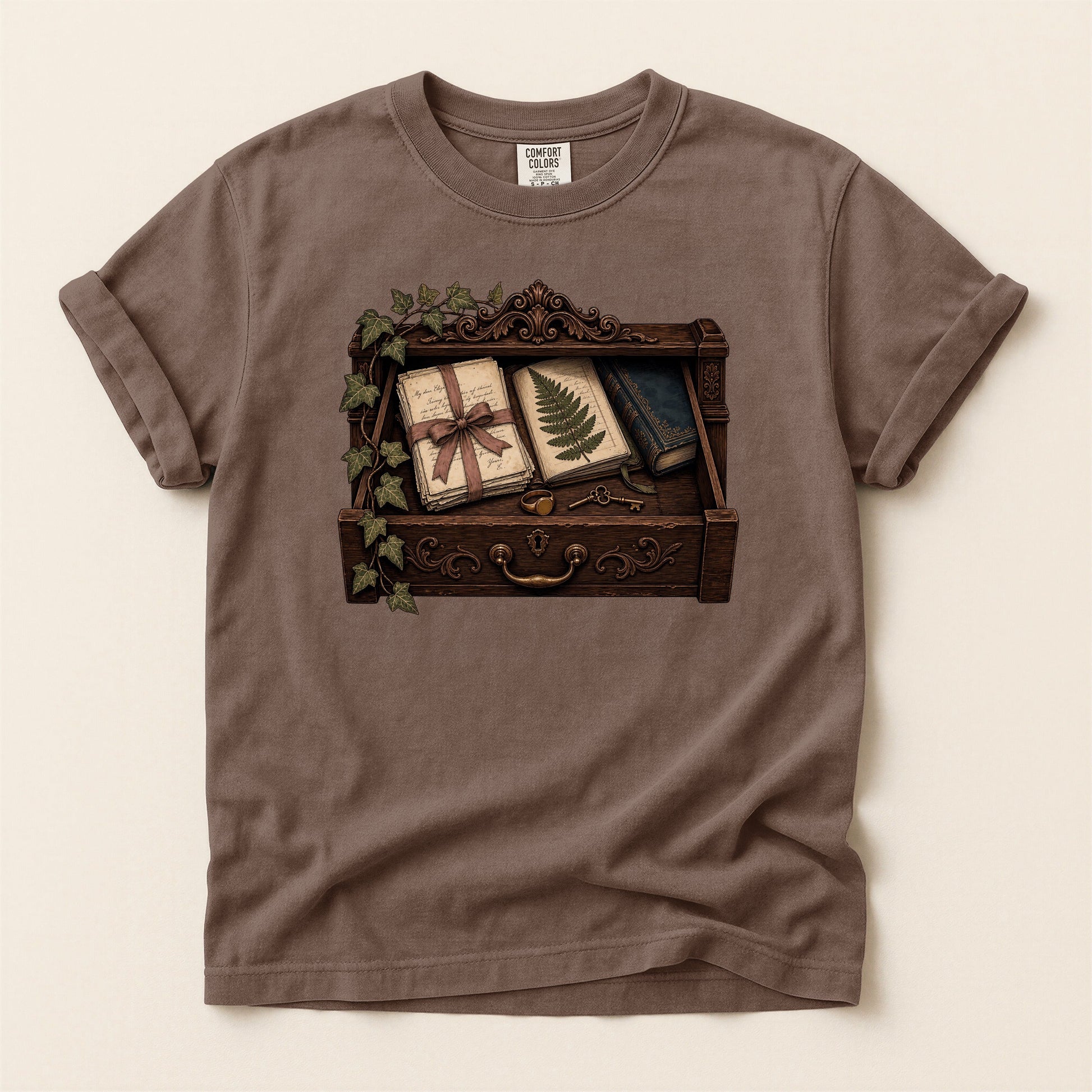 Reader's Keepsake Drawer bookish tee in Espresso, full flat